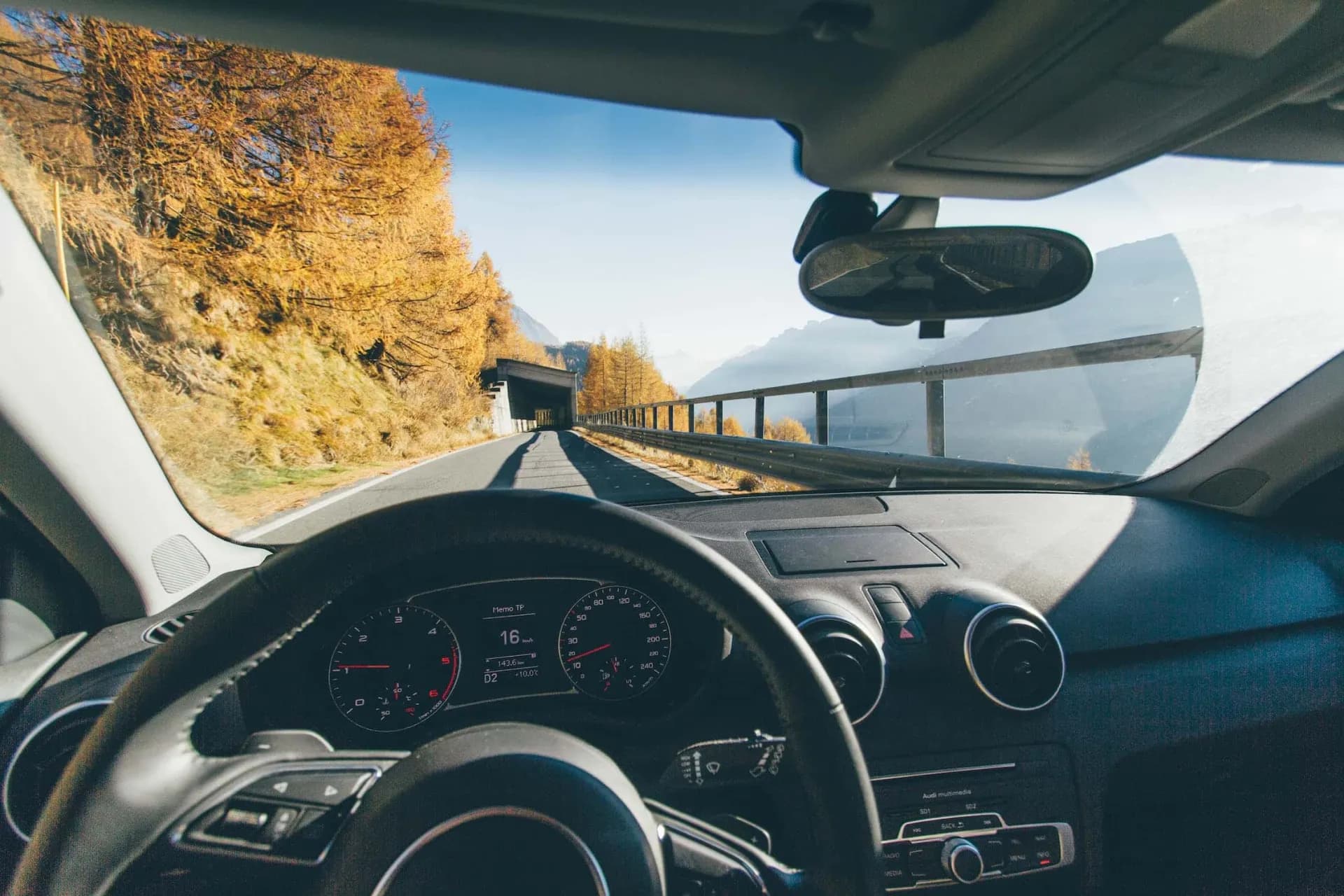 Open road view from behind the wheel
